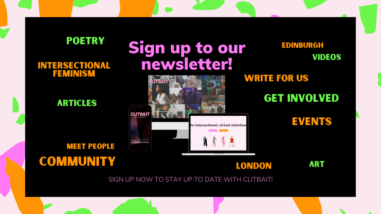 Colourful words, a laptop phone and community all with the Clitbait website on them. Text reads: Sign up to our newsletter!